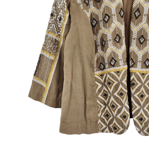 Chicos Women's Diamond Artisan Embroidered Linen Open Front Jacket Boho Brown - Picture 4 of 7